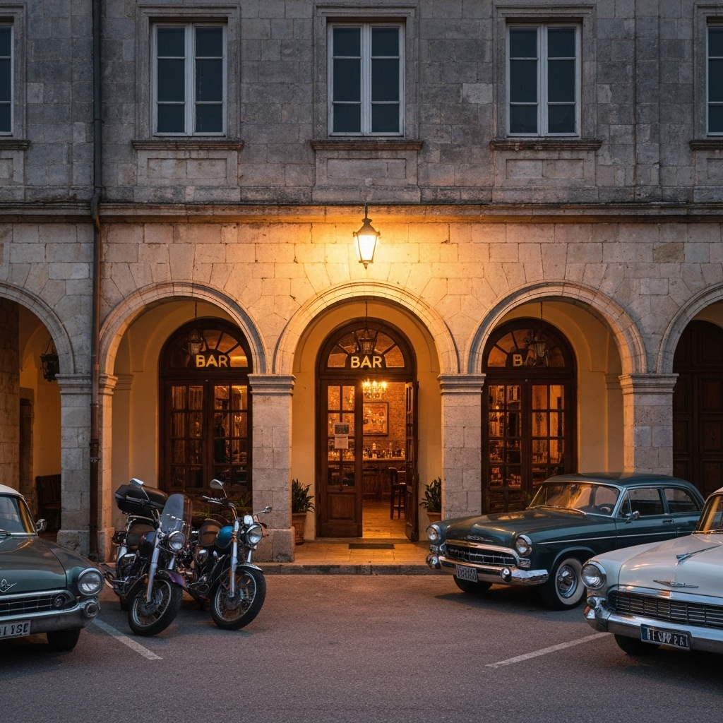 A welcoming bar entrance in Echallens with motorcycles and classic American cars parked safely in front
