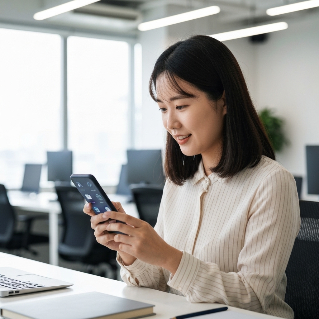 Entrepreneur confidently managing their online store from a smartphone using AI tools