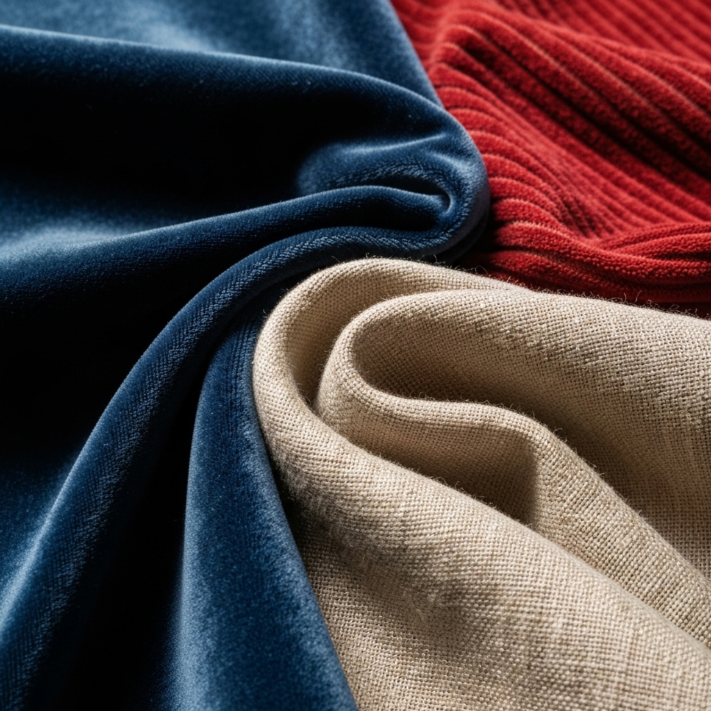 Close-up texture shot of three different blind fabrics: transparent, translucent, and blackout material