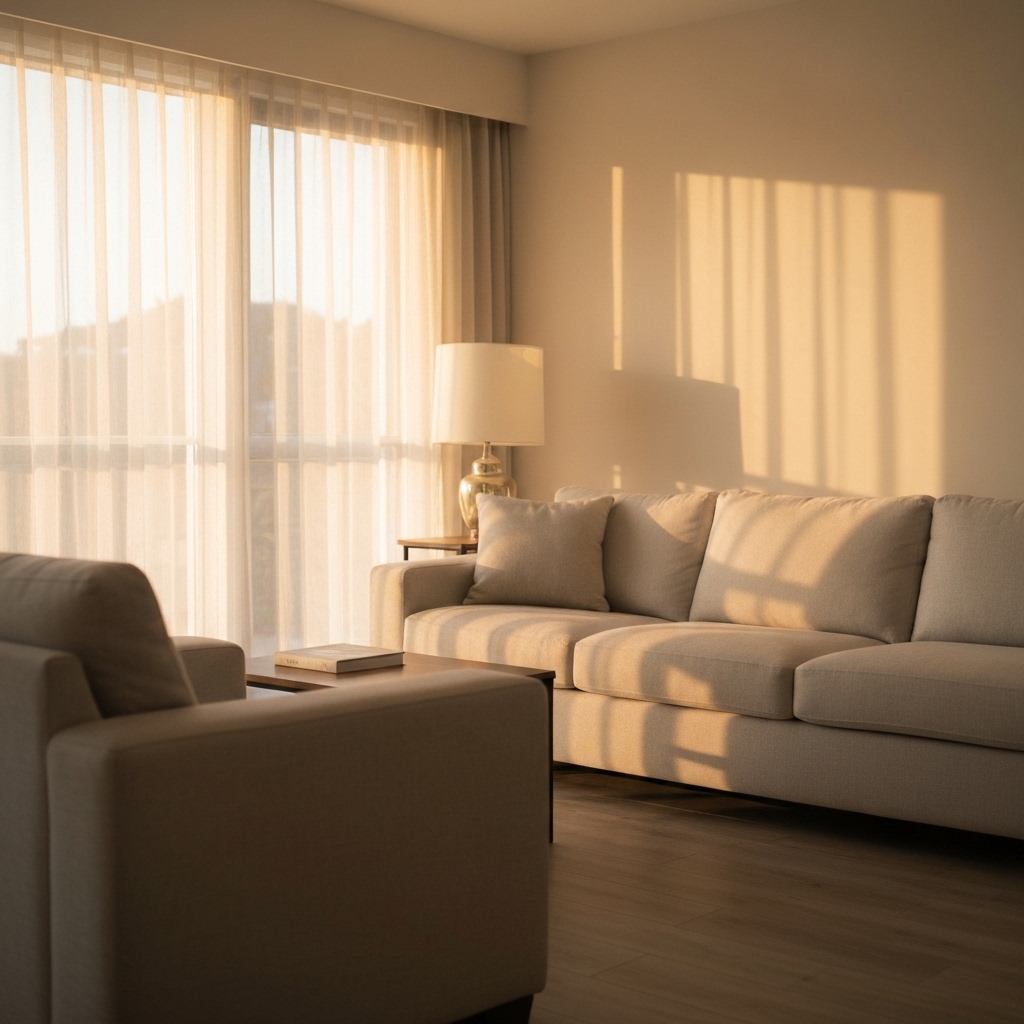 Modern cozy living room with clear view through elegant interior blinds