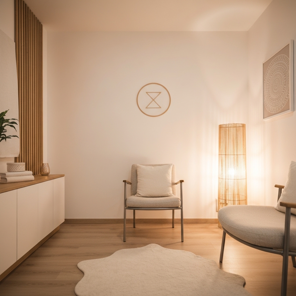 A calm therapy room with holistic elements, soft lighting, and an Enneagram symbol subtly integrated into the decor, representing the integration of mind and body.
