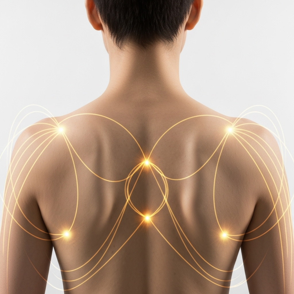 An anatomical diagram blending with energetic flows, symbolizing the connection between physical osteopathy points and emotional centers.