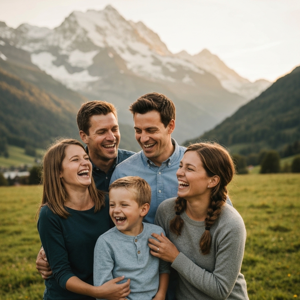 A candid shot of a happy family of four laughing together in a Swiss meadow with mountains in the background, warm lighting