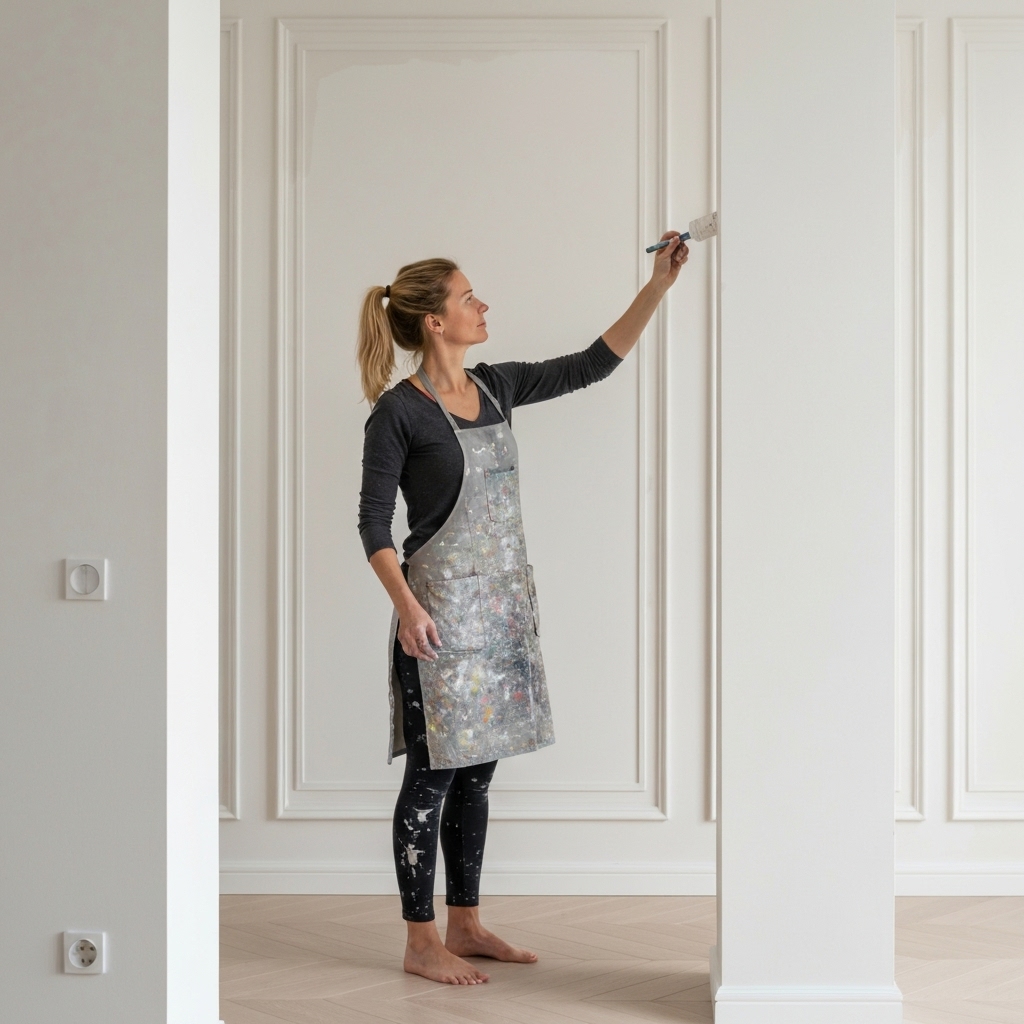 A professional painter in Geneva carefully applying paint to a detailed interior wall molding, showcasing precision and high-quality tools