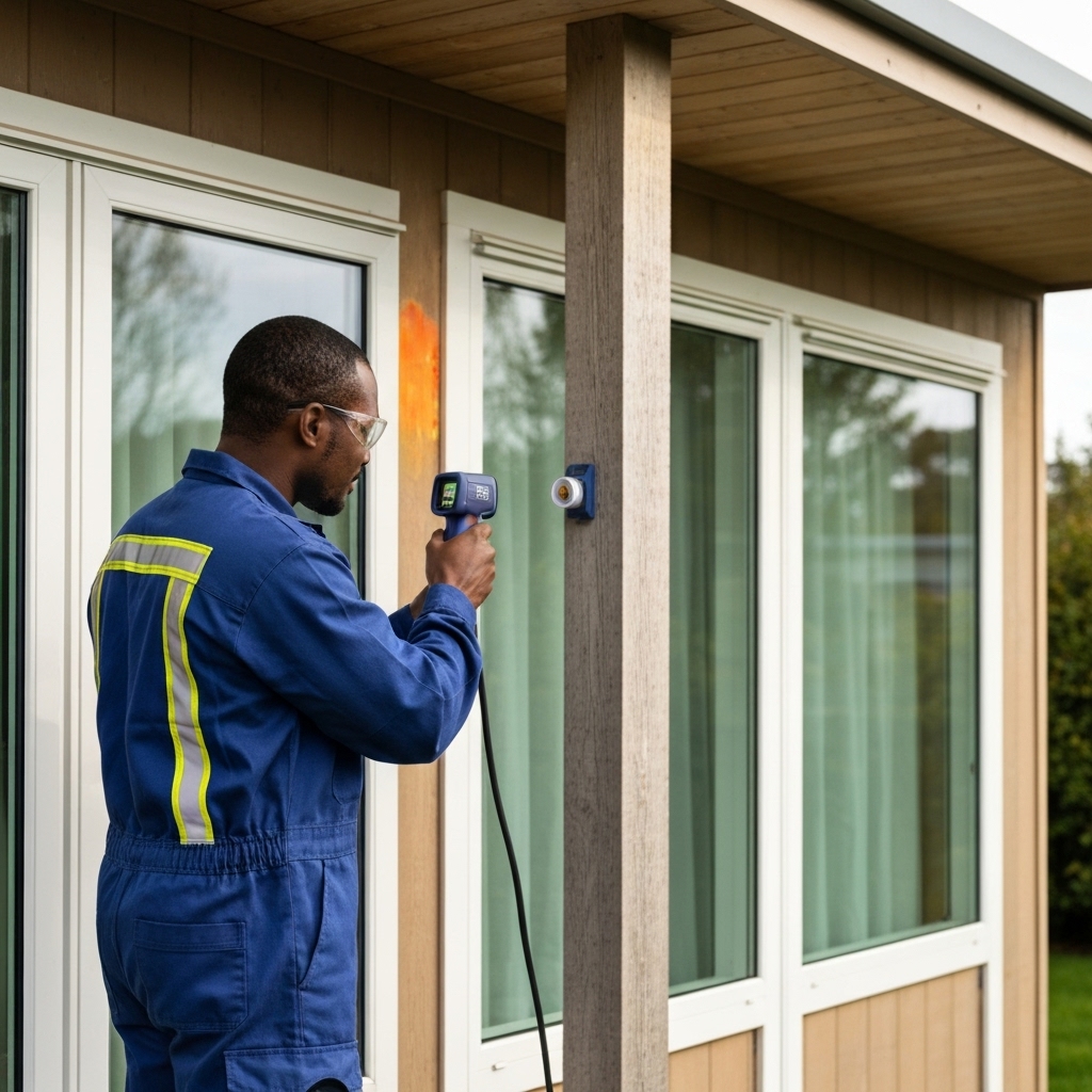 Expert inspecting a house facade with a thermal camera to detect heat loss and cracks