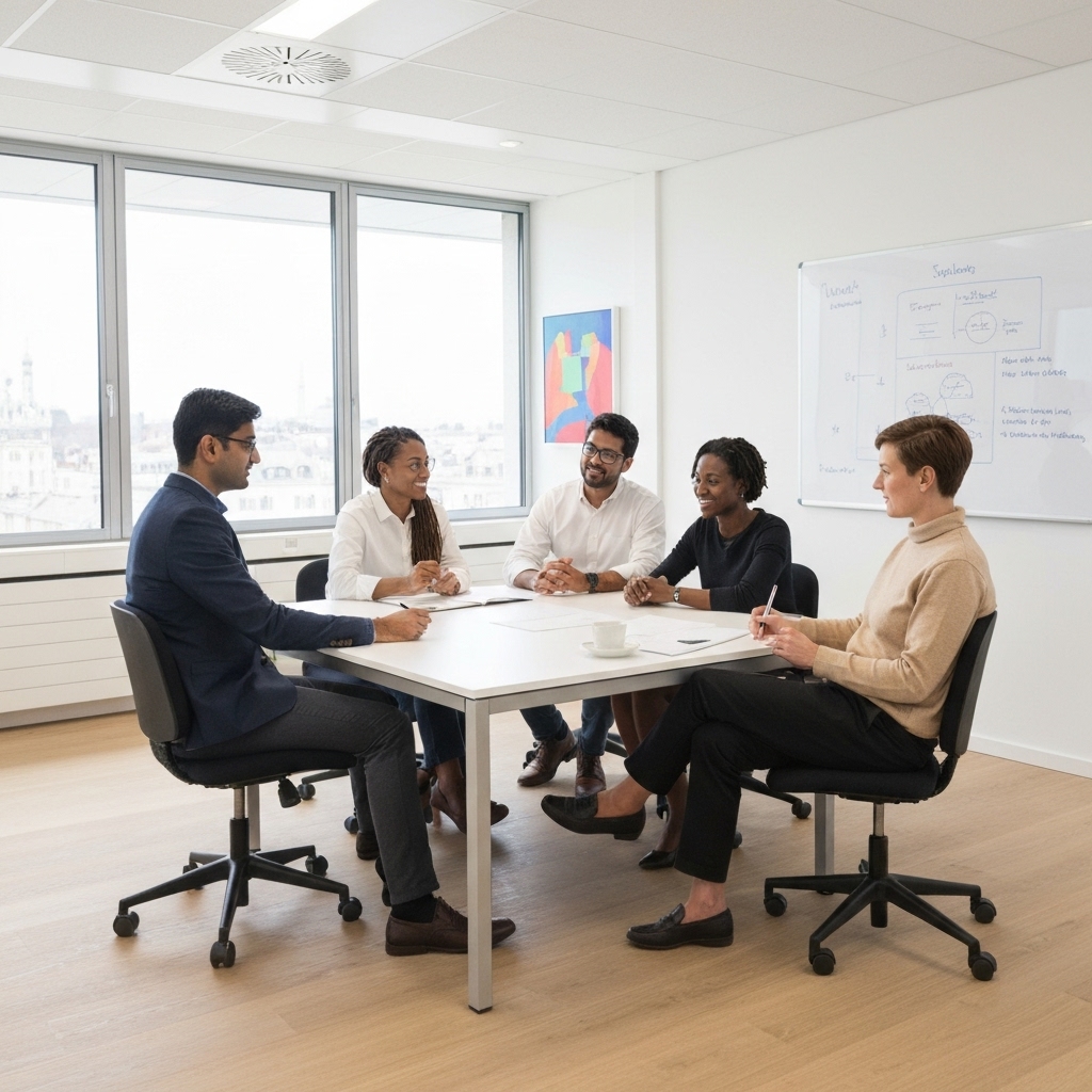 Professional team analyzing strategy on a whiteboard in a modern agency office in Lausanne