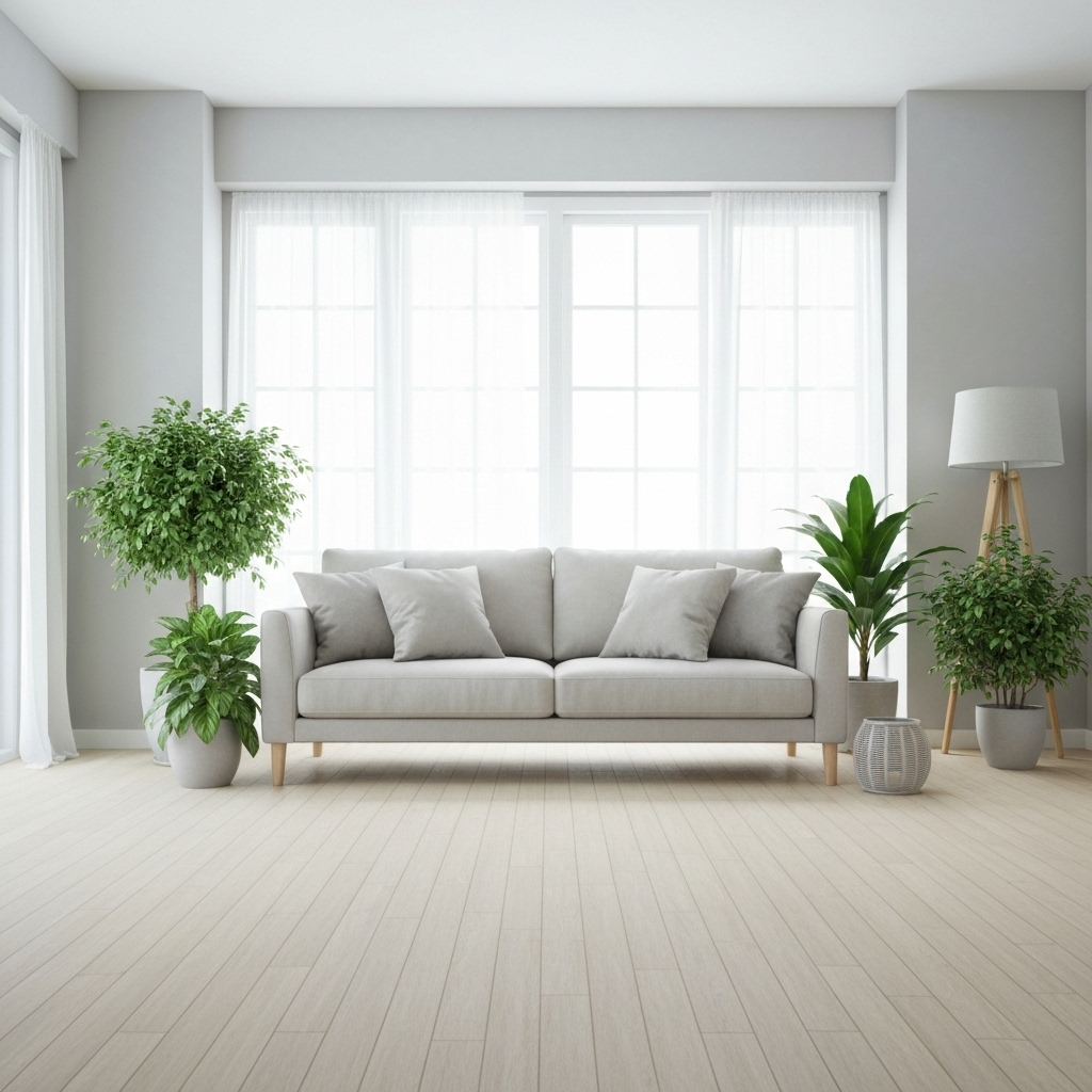 Un salon lumineux et apaisant avec une ambiance zen, plantes vertes et une belle lumière naturelle, symbolisant une maison saine énergétiquement