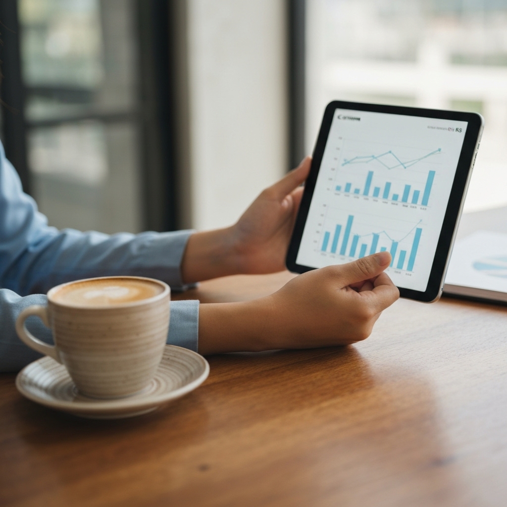 A digital marketer analyzing growth charts on a tablet with a coffee on a wooden table A digital marketer analyzing growth charts on a tablet with a coffee on a wooden table