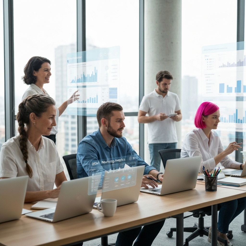 A futuristic workspace showing digital marketing analytics on transparent screens with a team collaborating remotely