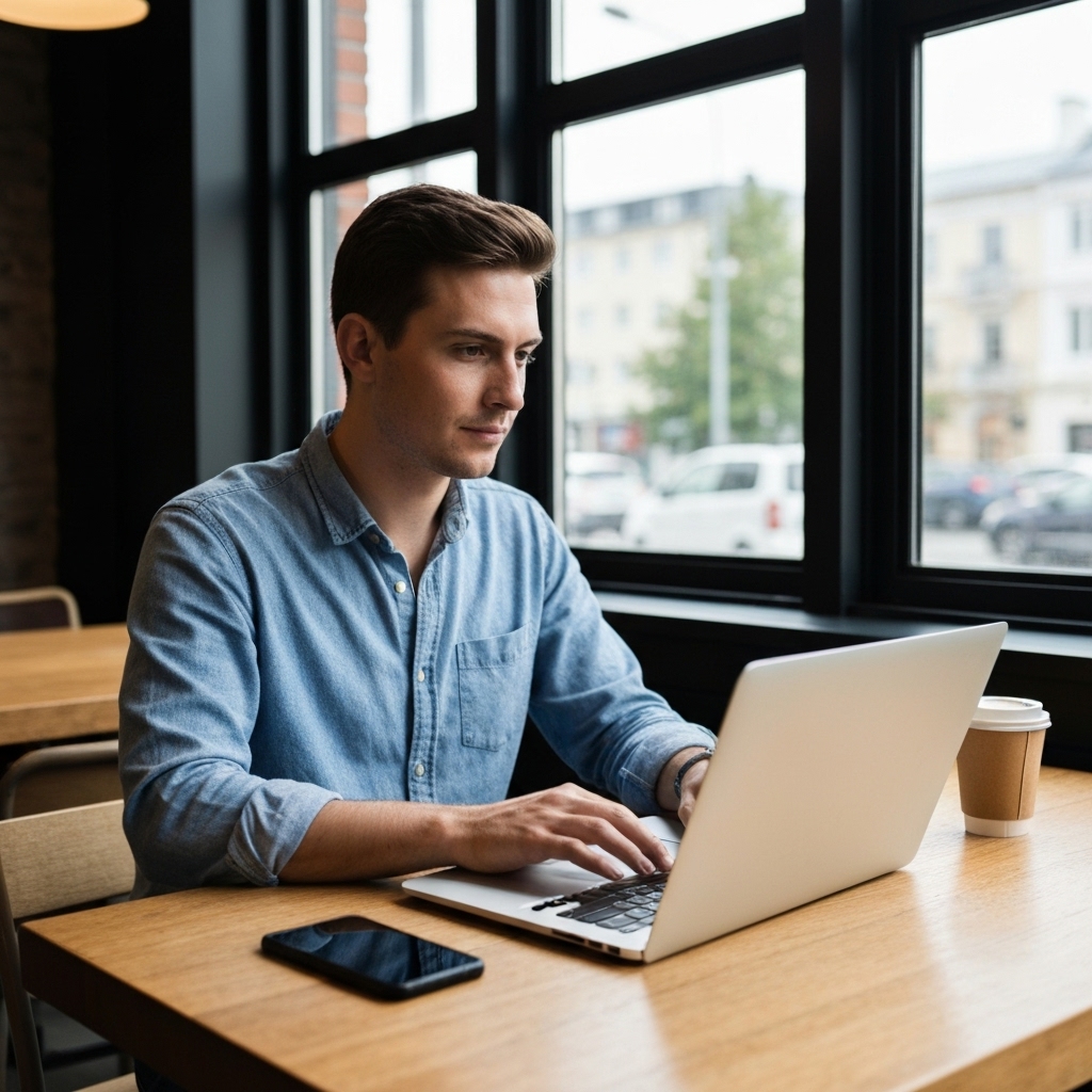 A freelancer working on a laptop in a modern coffee shop with a smartphone on the table