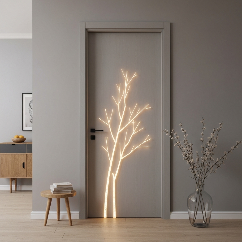 Minimalist glowing branches decoration on a modern interior door