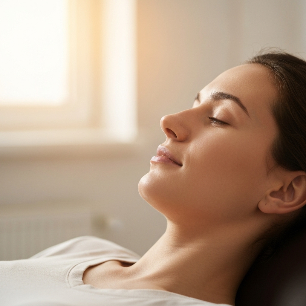 Close up of a patient looking peaceful during a somatic therapy session, soft lighting, relaxing atmosphere