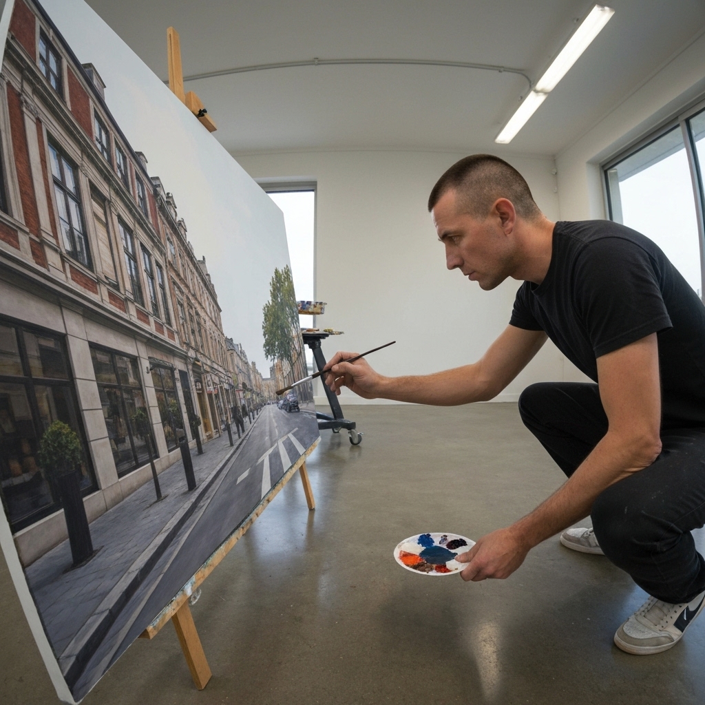 A professional painter looking at a blueprint in a modern living room in Geneva, wearing white work clothes, emphasizing high quality service