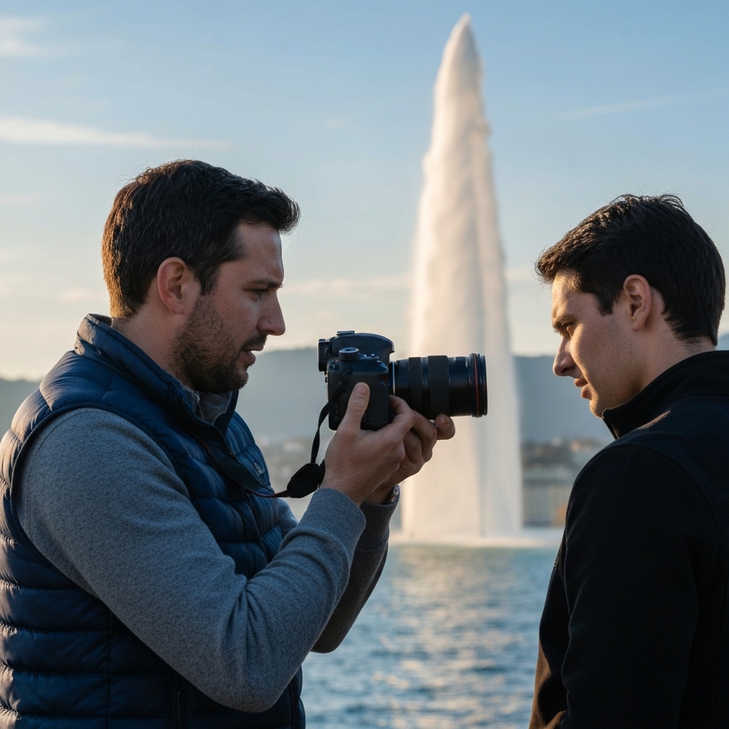 A professional photographer teaching a student how to use a DSLR camera with the Jet d'eau in Geneva in the background, natural lighting, high quality