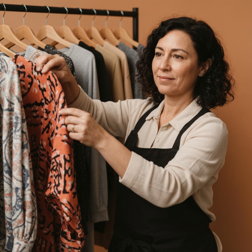 A close up portrait of a smiling boutique owner organizing clothes in a sunny shop with california vibe
