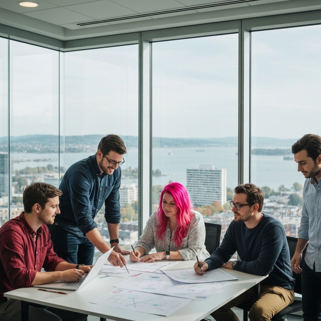 Busy modern office space in Lausanne with creative team brainstorming marketing strategies