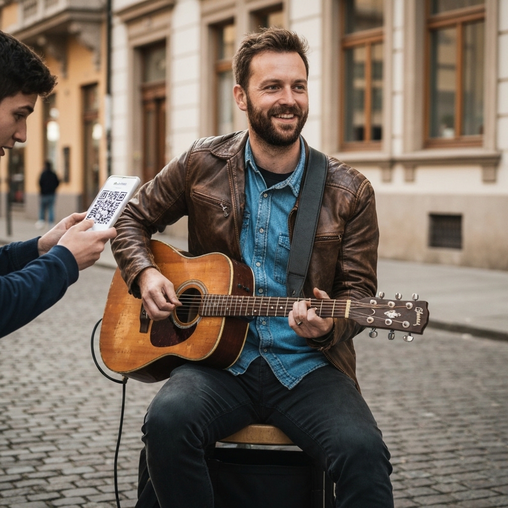A street musician smiling while a fan scans a large QR code on a stand next to a guitar case to send a tip