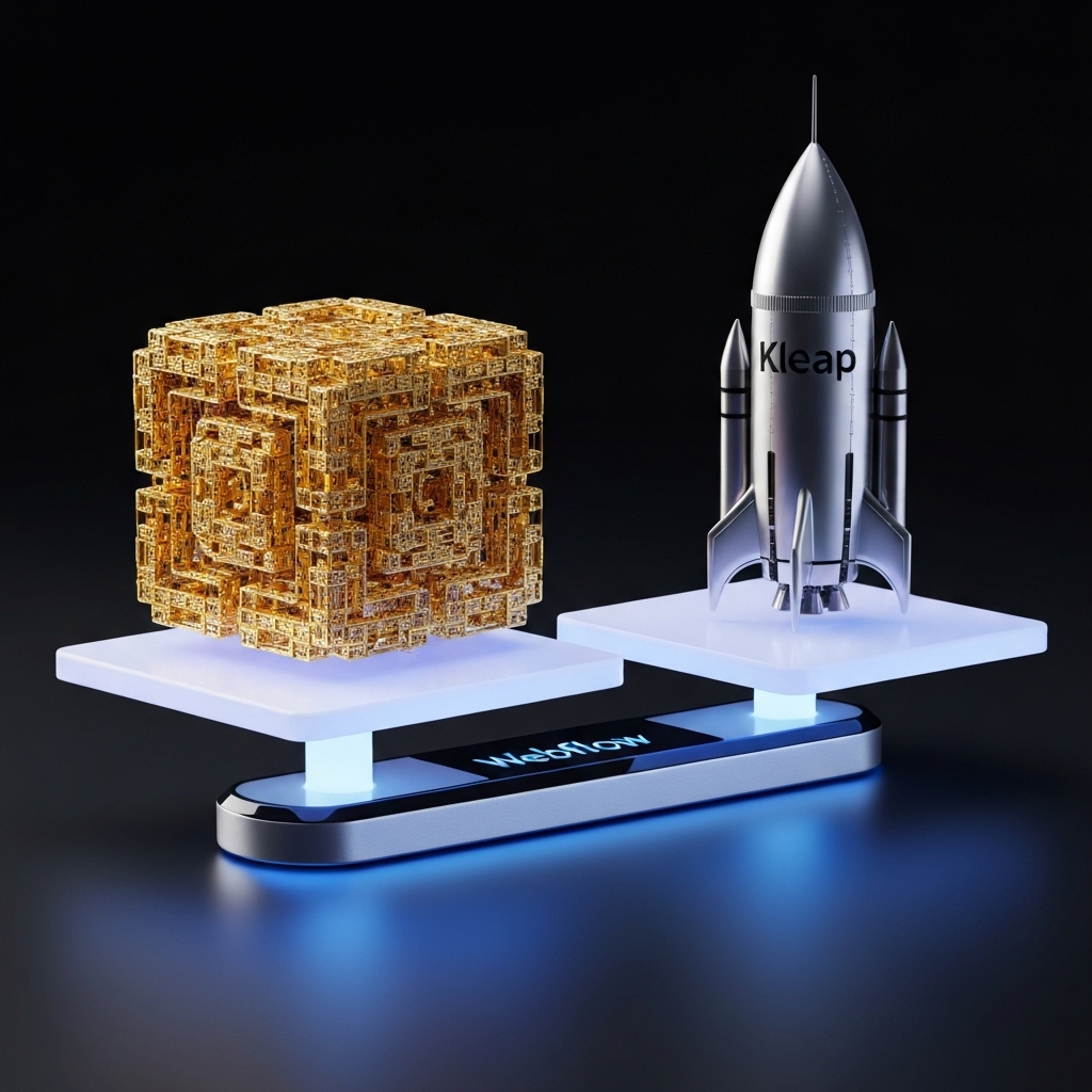 A futuristic digital scale balancing a complex glowing cube representing Webflow and a sleek fast rocket representing Kleap A futuristic digital scale balancing a complex glowing cube representing Webflow and a sleek fast rocket representing Kleap