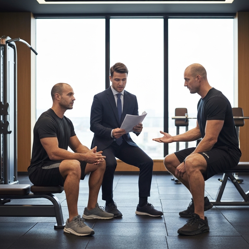 Un professionnel en tenue de sport discutant stratégie avec un coach dans une salle privée moderne et lumineuse