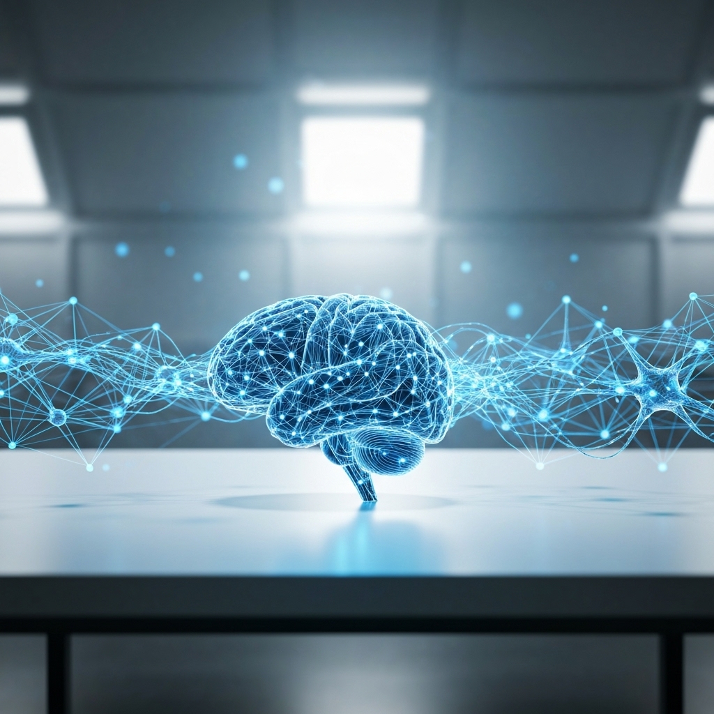 A futuristic digital brain with glowing neural network connections, illustrating the concepts of semantic SEO, topic clusters, and AI-driven content strategy.