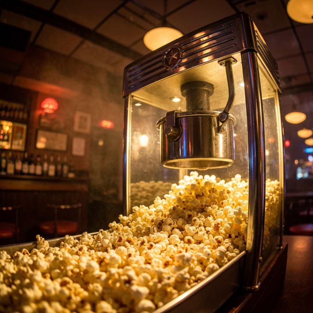 Close-up of a vintage popcorn machine full of popcorn inside a bar, with beer taps in the background.
