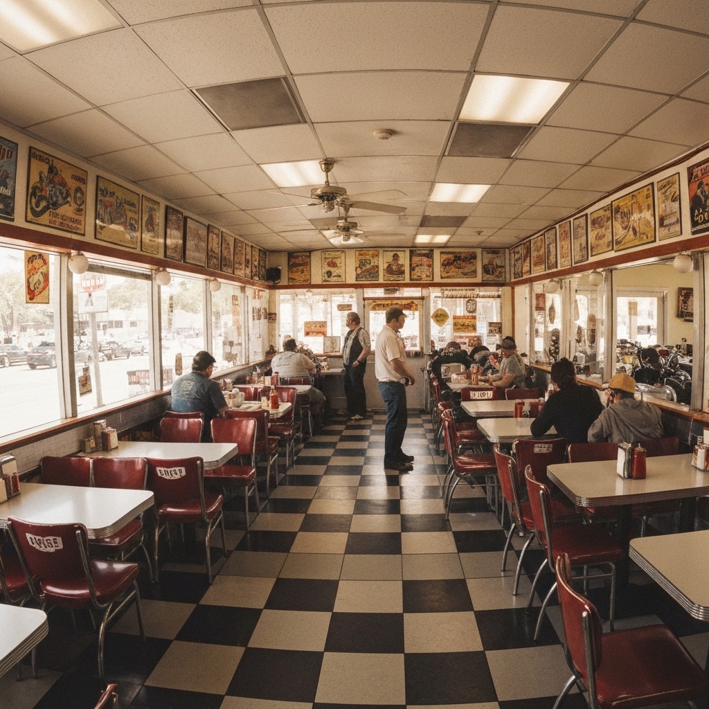 A lively scene inside a vintage American style pub with bikers and locals enjoying drinks, warm lighting, wooden furniture, cowboy decoration elements.