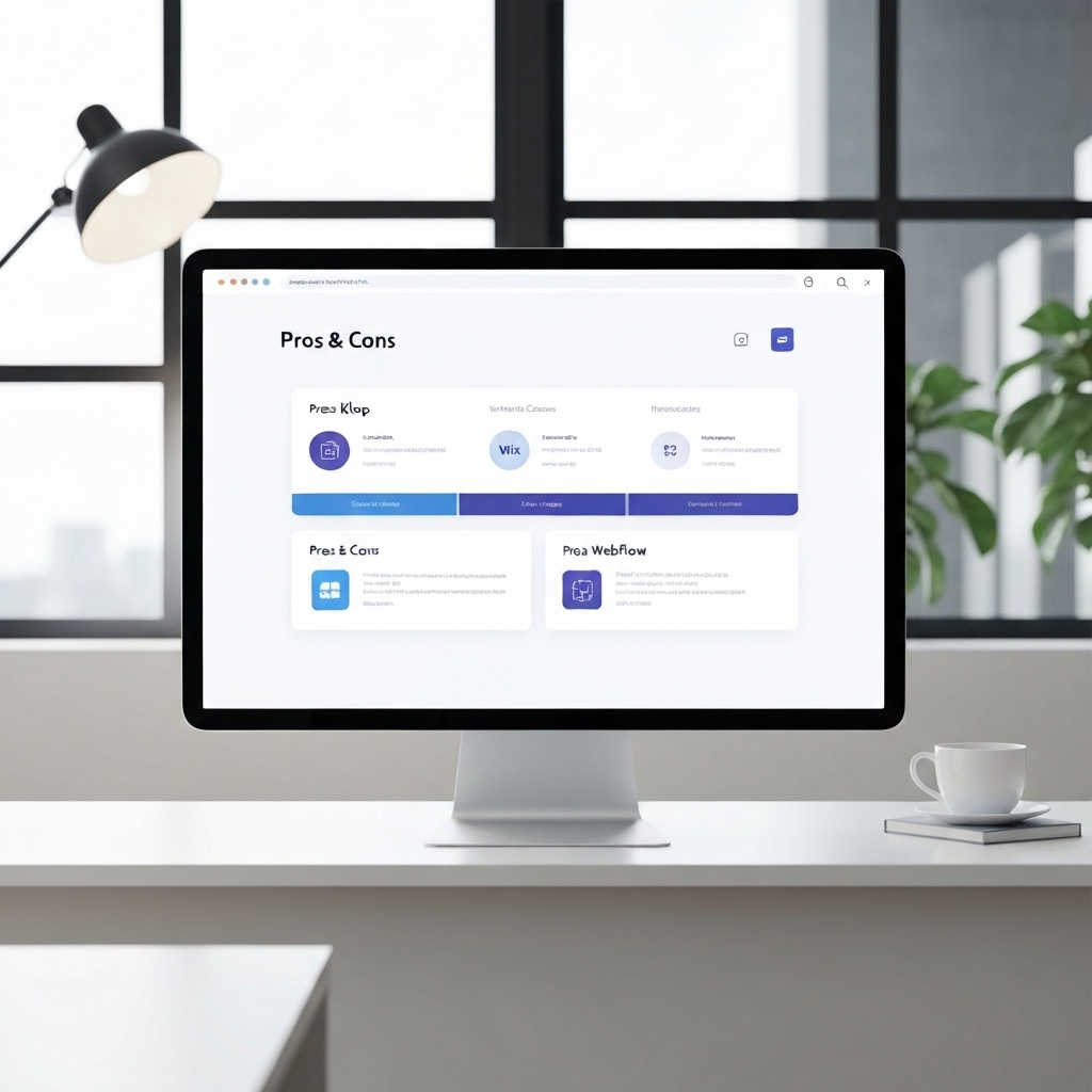 A side-by-side comparison chart of Kleap, Wix, and Webflow showing pros and cons