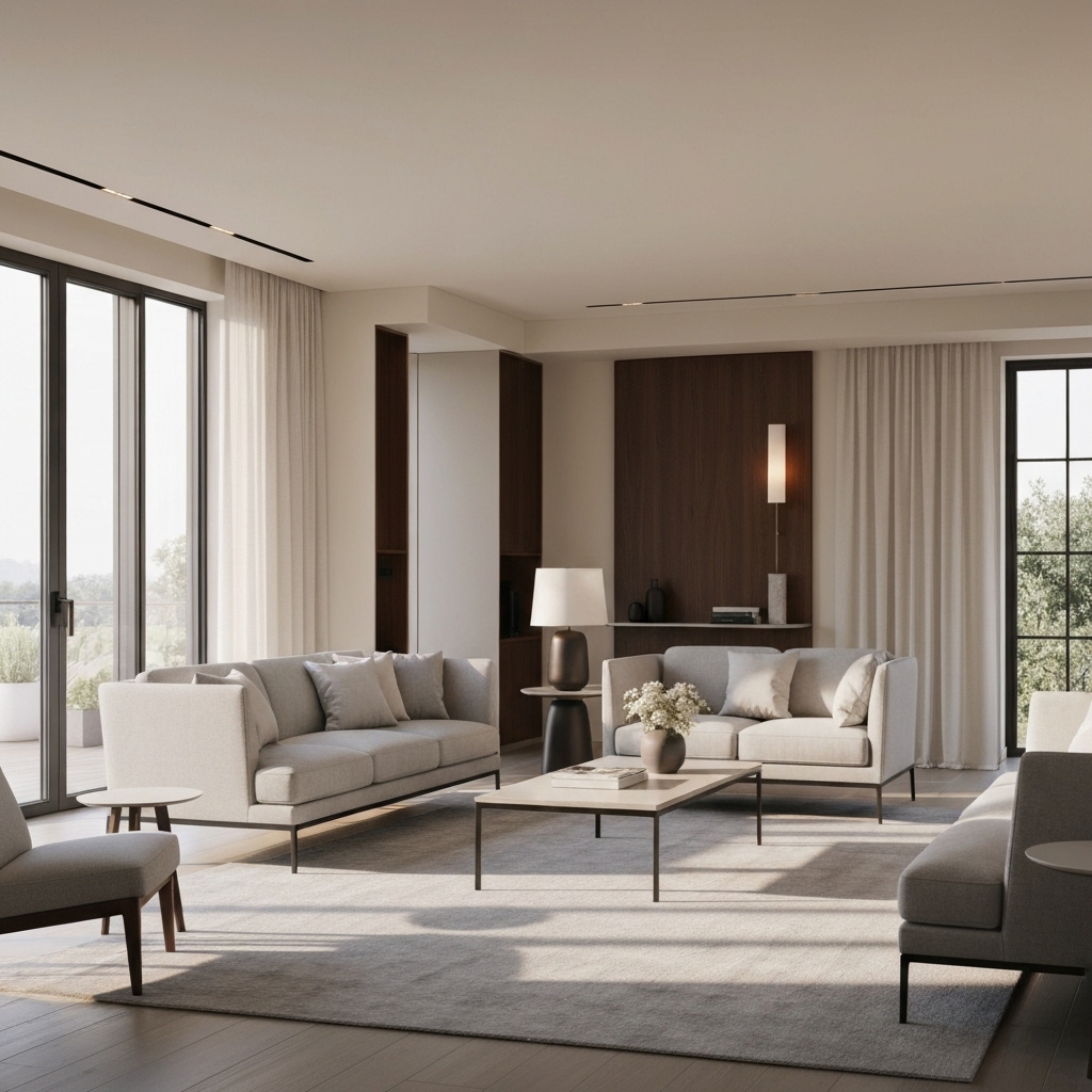 Modern minimalist living room featuring large floor-to-ceiling windows dressed with elegant beige vertical blinds, creating a warm lighting effect