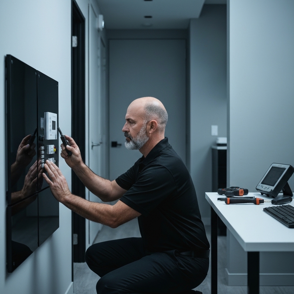 Professional installer checking the alignment of a newly installed vertical blind track with a laser level