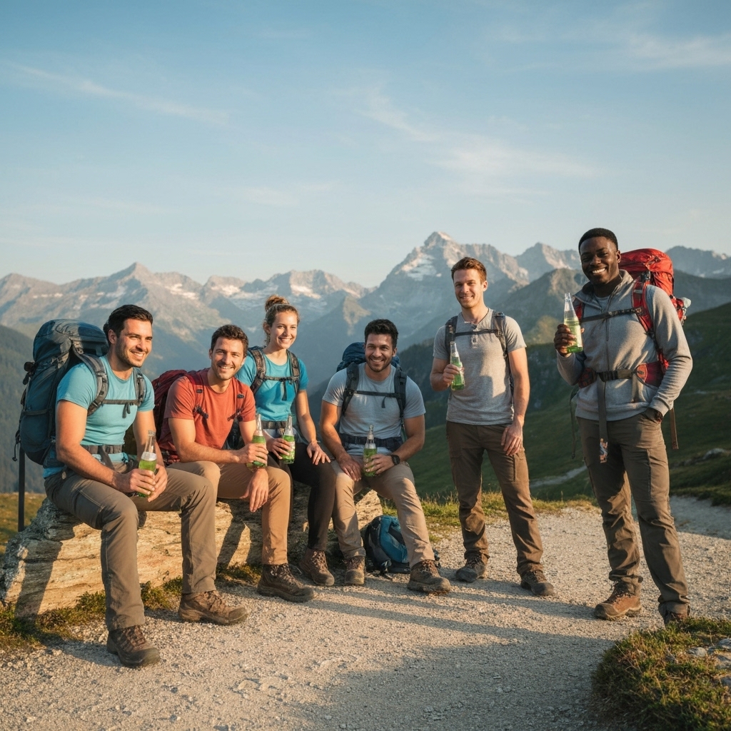 Group of young adults hiking in Swiss mountains taking a break with refreshing drinks