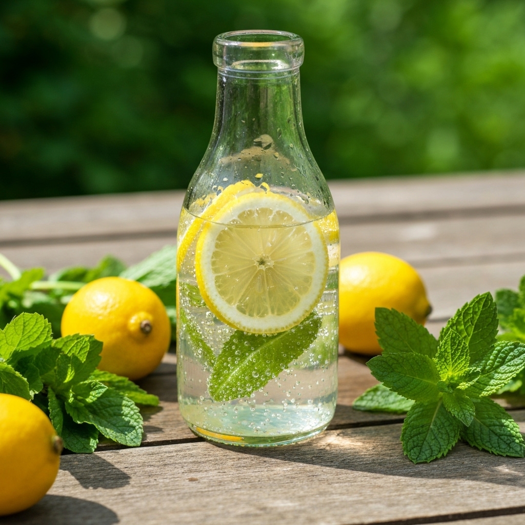 Close up of sparkling water with fresh herbs and fruits in a sunny outdoor setting
