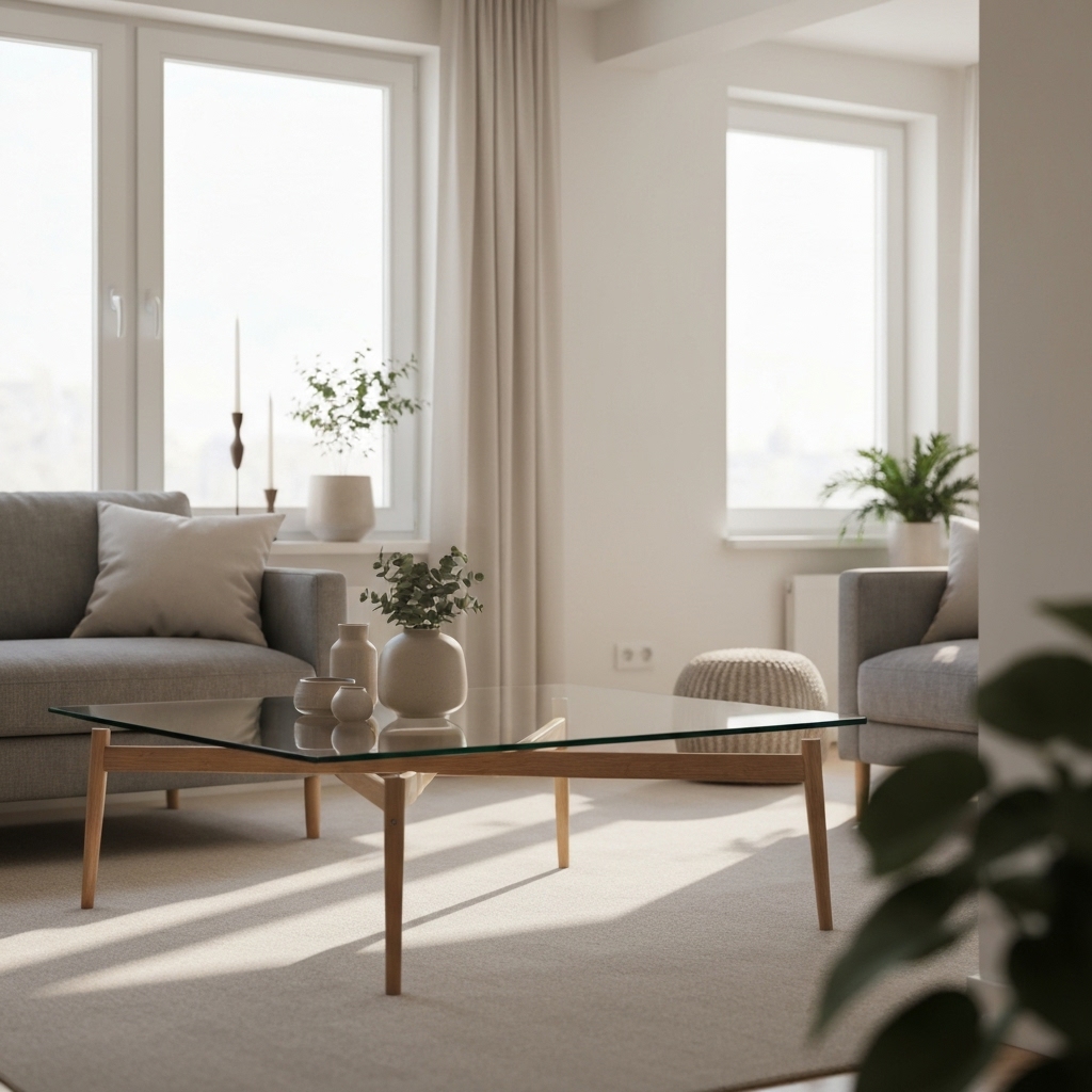 Modern scandinavian style furniture with thin legs and glass coffee table in a small apartment