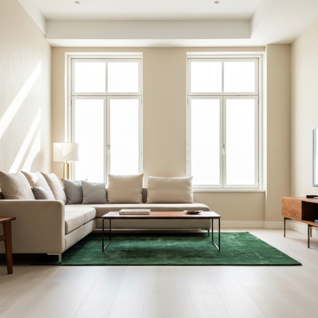 A beautifully designed small living room with light colors and functional furniture, bright and airy atmosphere