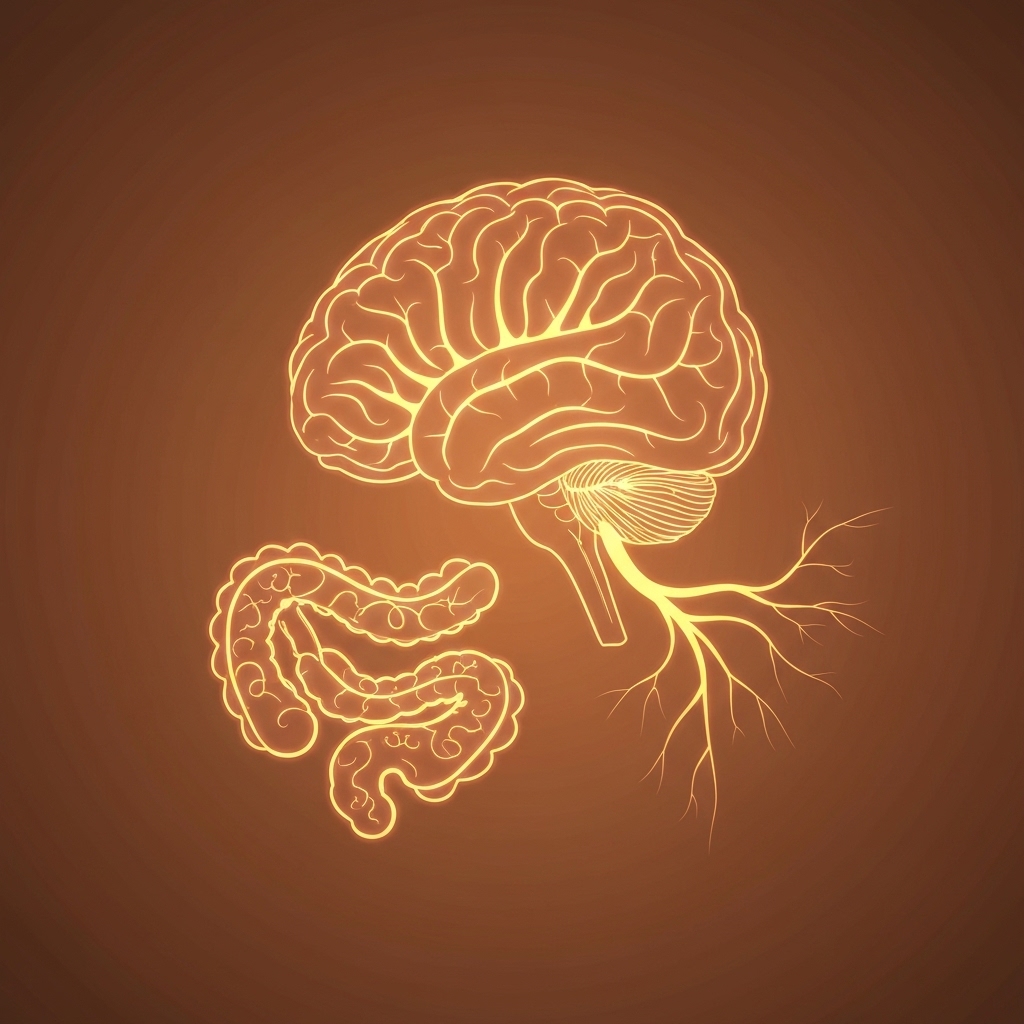 Abstract artistic representation of the connection between the brain and the gut with glowing nerve pathways