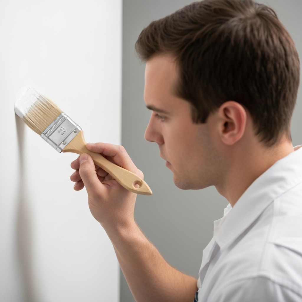 A dedicated professional painter applying white paint on a wall with high precision focusing on the corner details, realistic style high quality