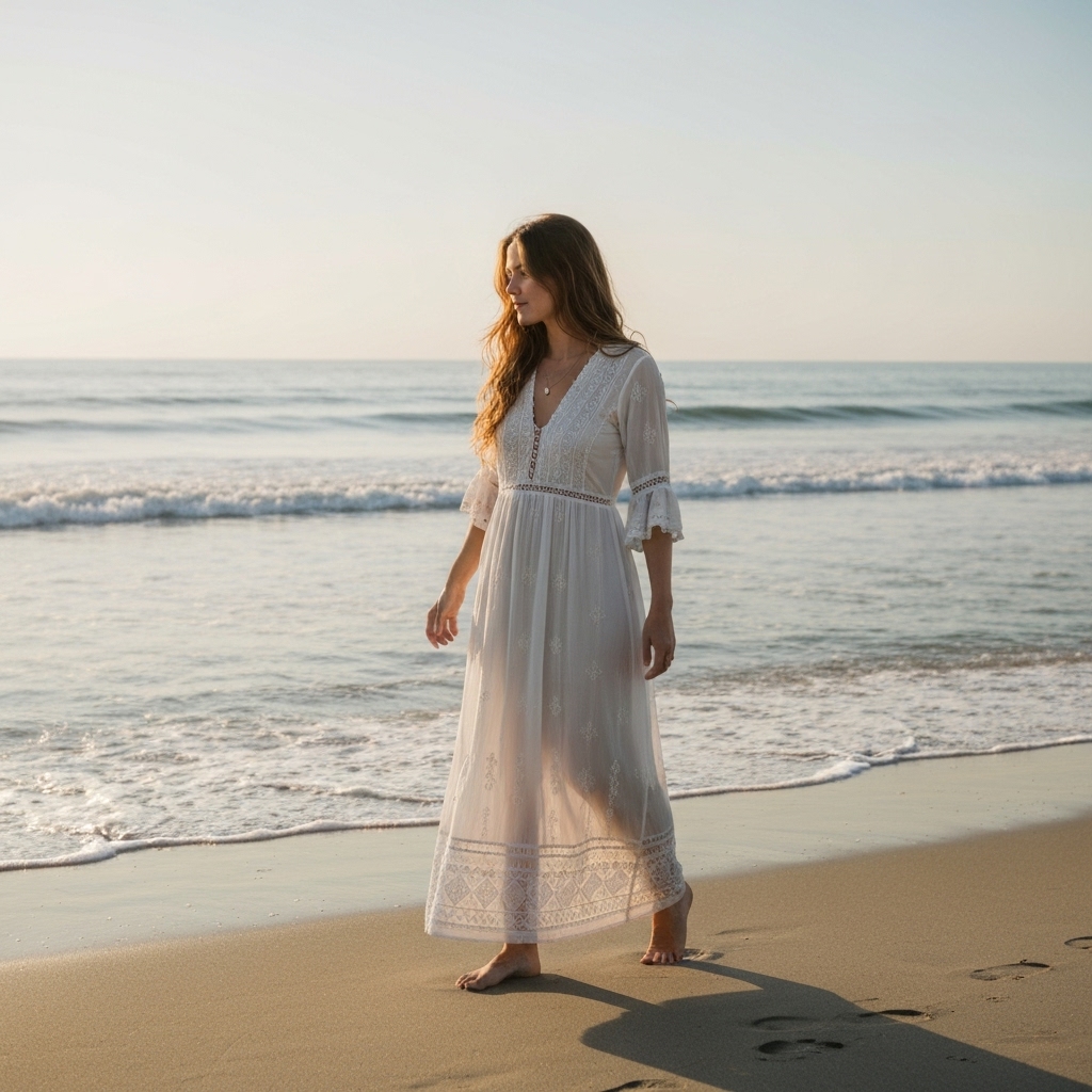Woman walking on Venice Beach wearing a flowy bohemian dress at sunset