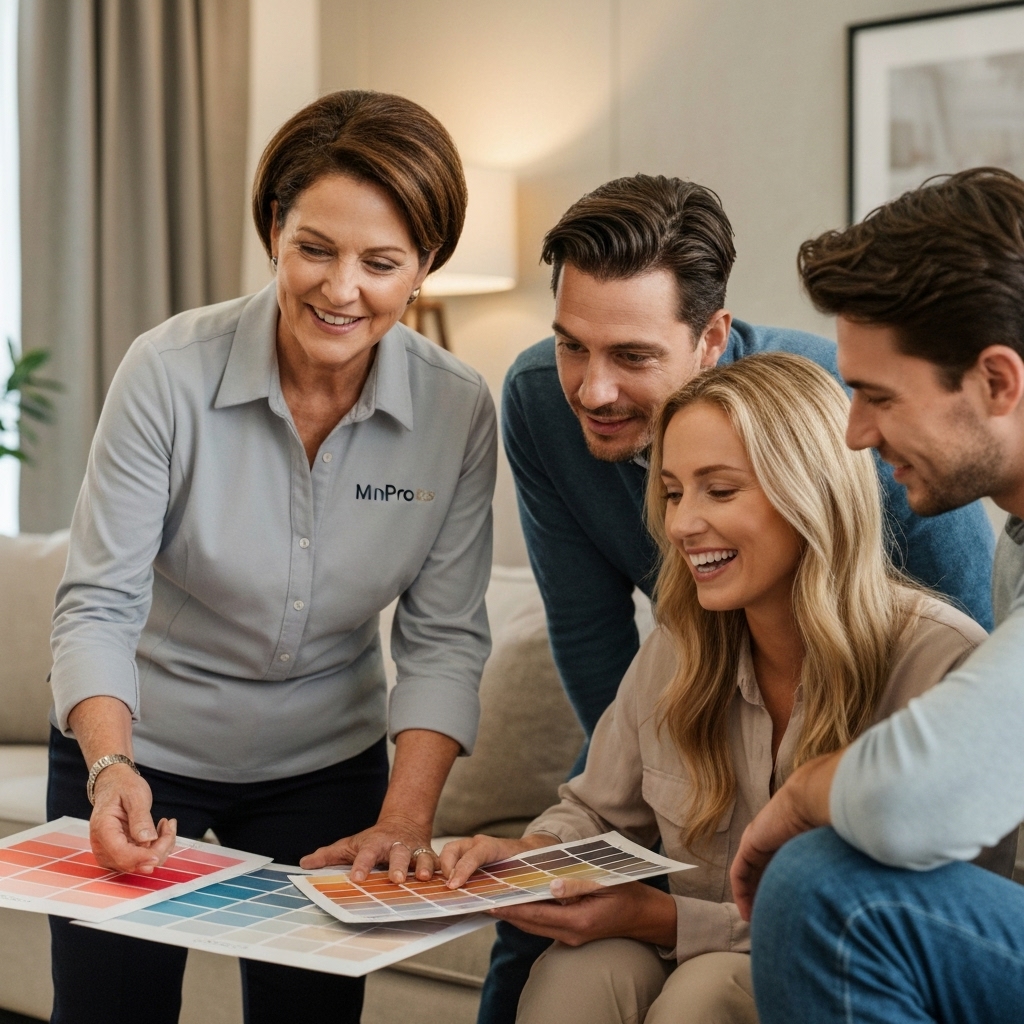 MnPro team member discussing color charts with a couple in their living room, warm and professional atmosphere