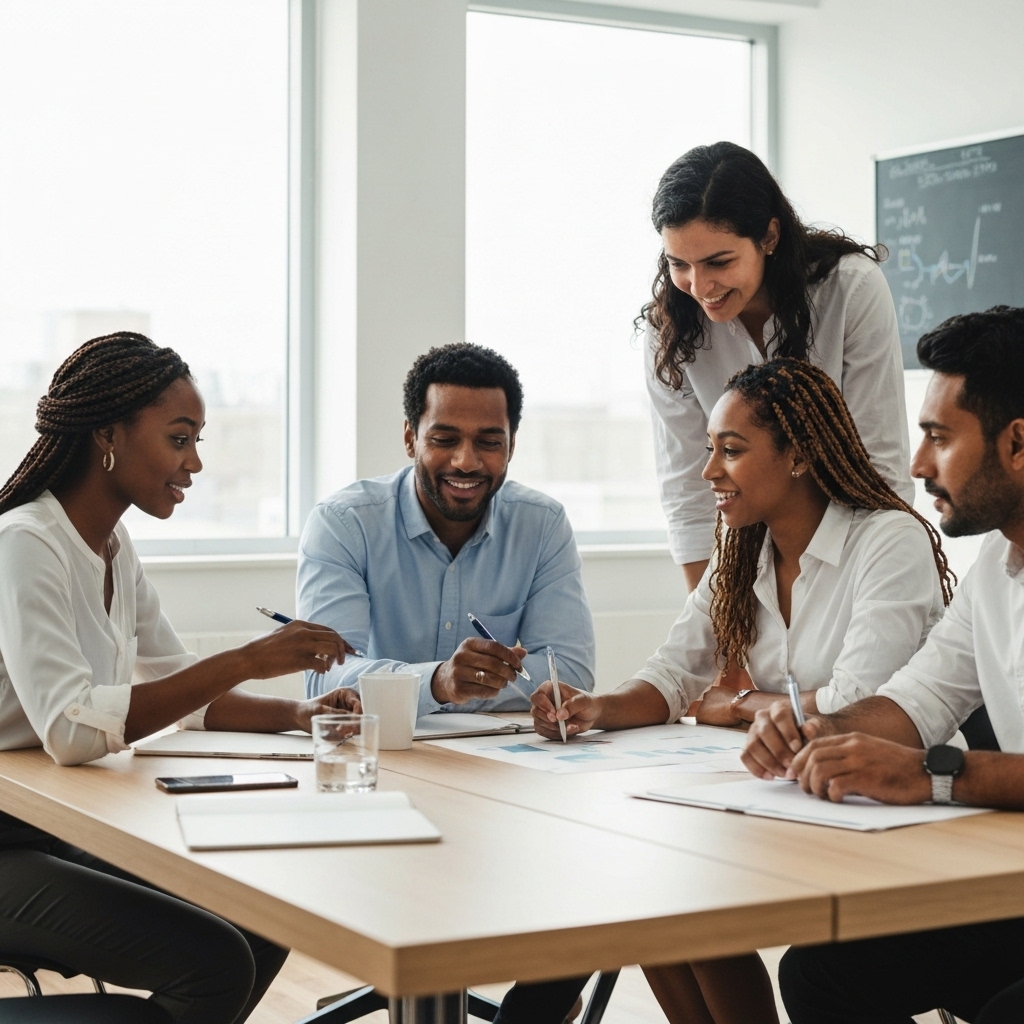 A professional team discussing a website project on a whiteboard in a modern office