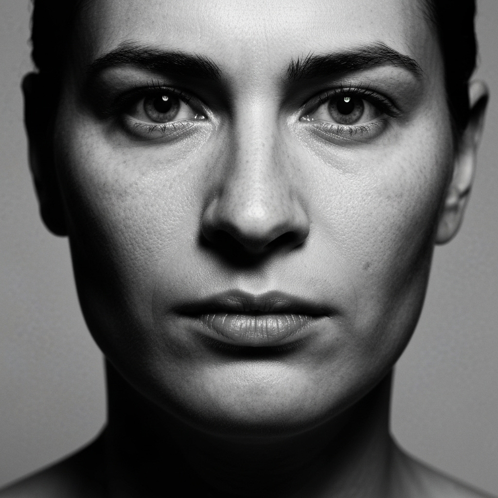 Portrait artistique en noir et blanc réalisé dans un studio professionnel montrant une émotion forte et authentique