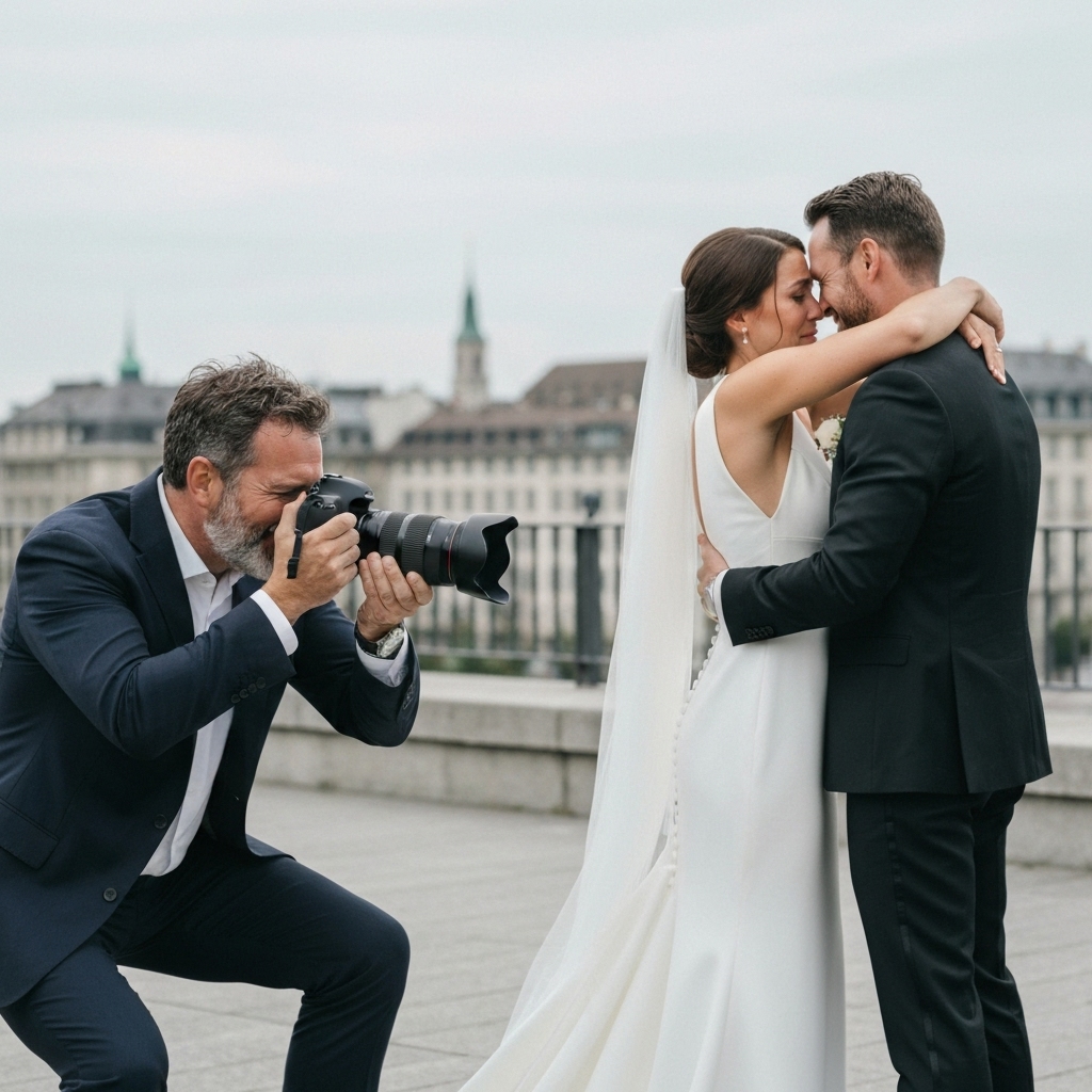 A professional photographer capturing a candid emotional moment at a wedding in Geneva, utilizing natural light and artistic composition.