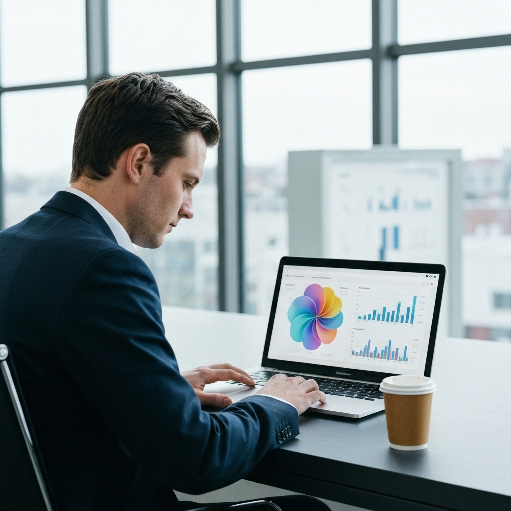 Eliott Dupuy analyzing cash flow data on a laptop with a coffee in a modern Swiss office setting