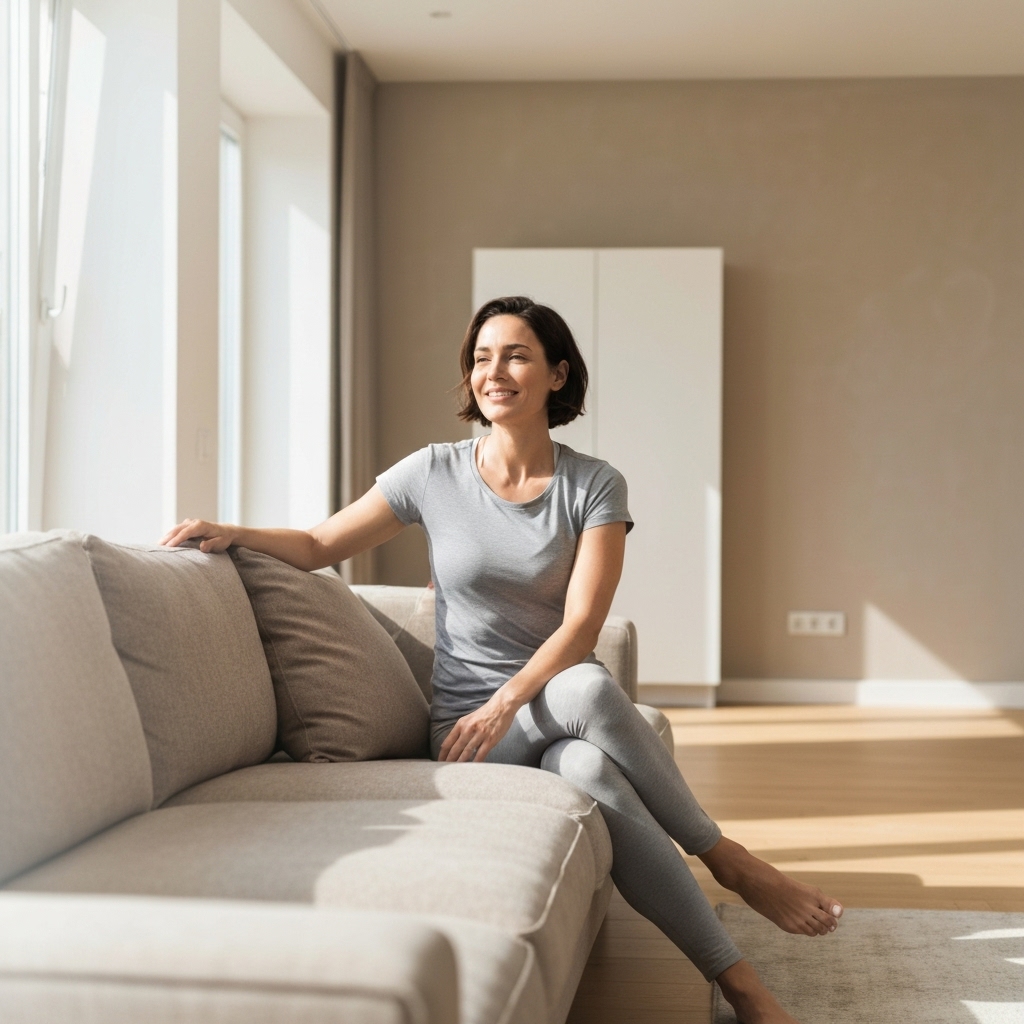 A stress-free professional looking fit and happy in a modern home environment, symbolizing the result of efficient coaching