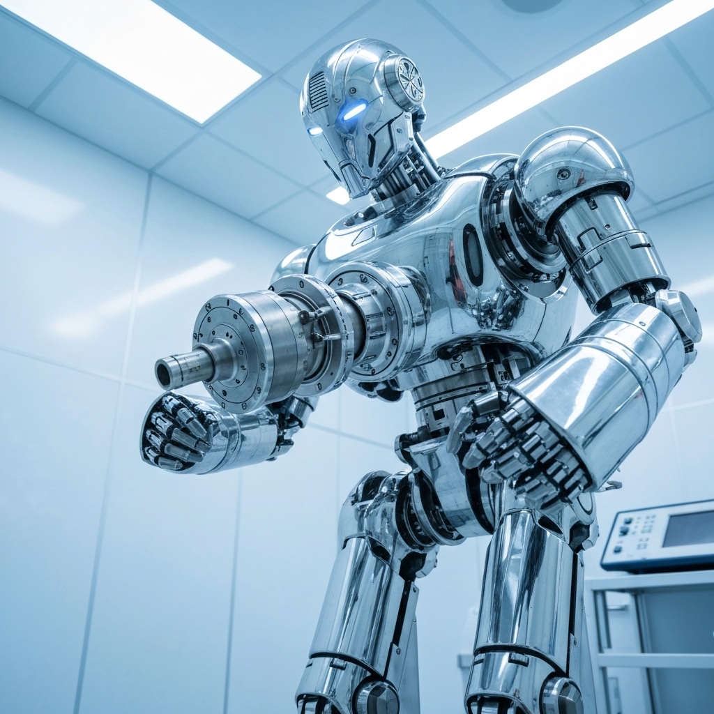 Futuristic robot closely examining a document with a magnifying glass representing content audit