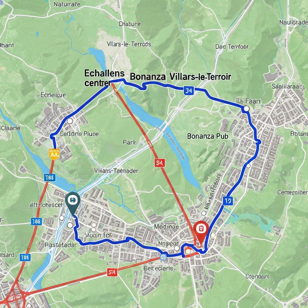 A comprehensive map view showing the route from Echallens center to Bonanza Pub in Villars-le-Terroir