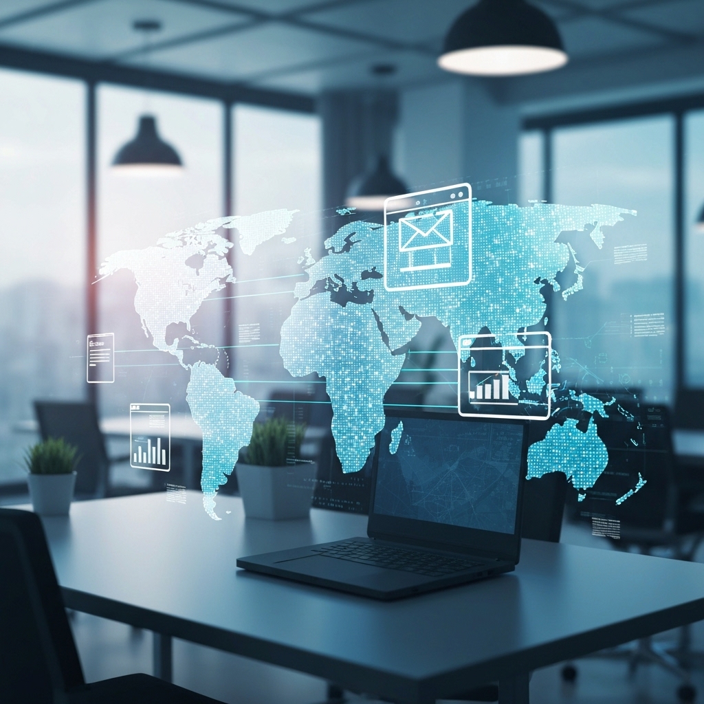 A complex network visualization showing connections between a website, email database, and customer relationship management software