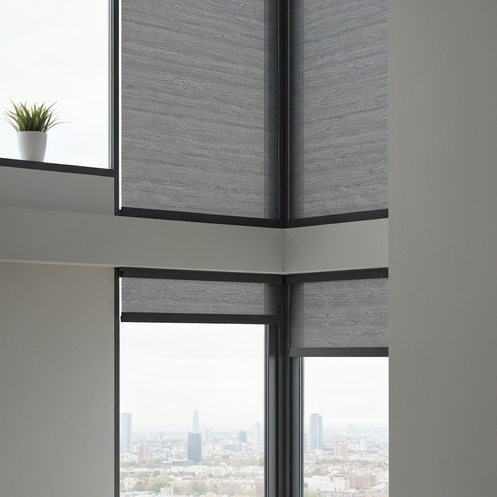 A large customized vertical blind installation on a trapezoidal window following the slope of the roof line