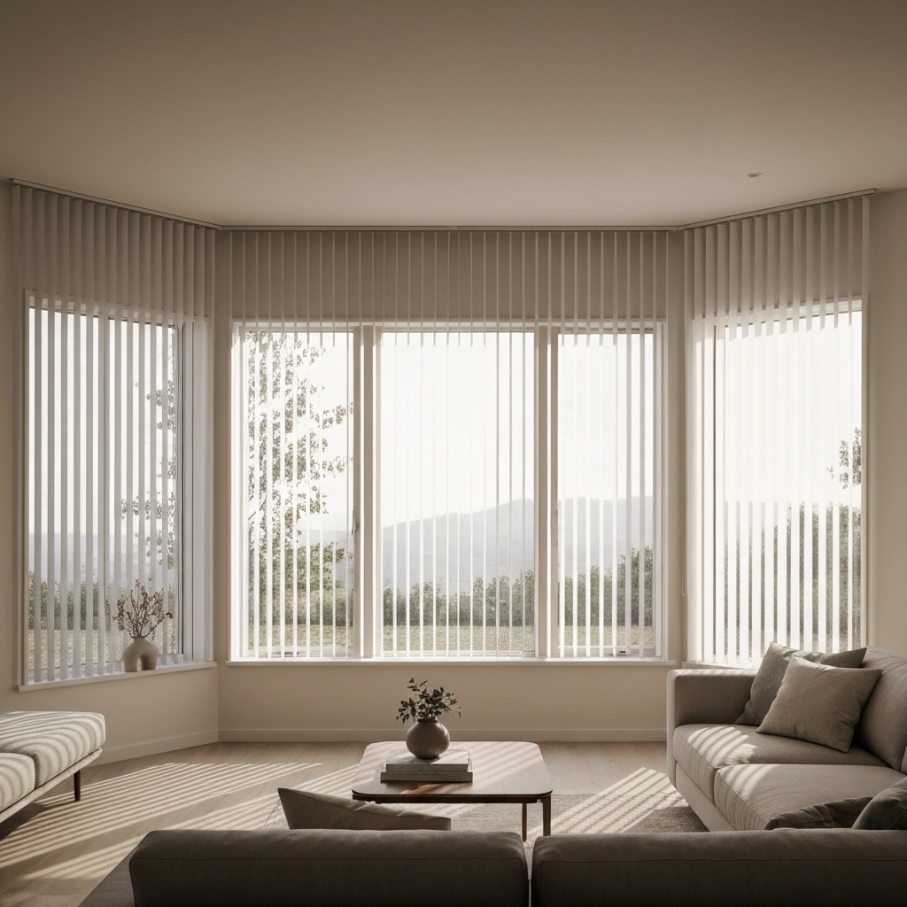Modern and spacious living room featuring large bay windows covered by white vertical California blinds, soft sunlight filtering through, minimalist decor