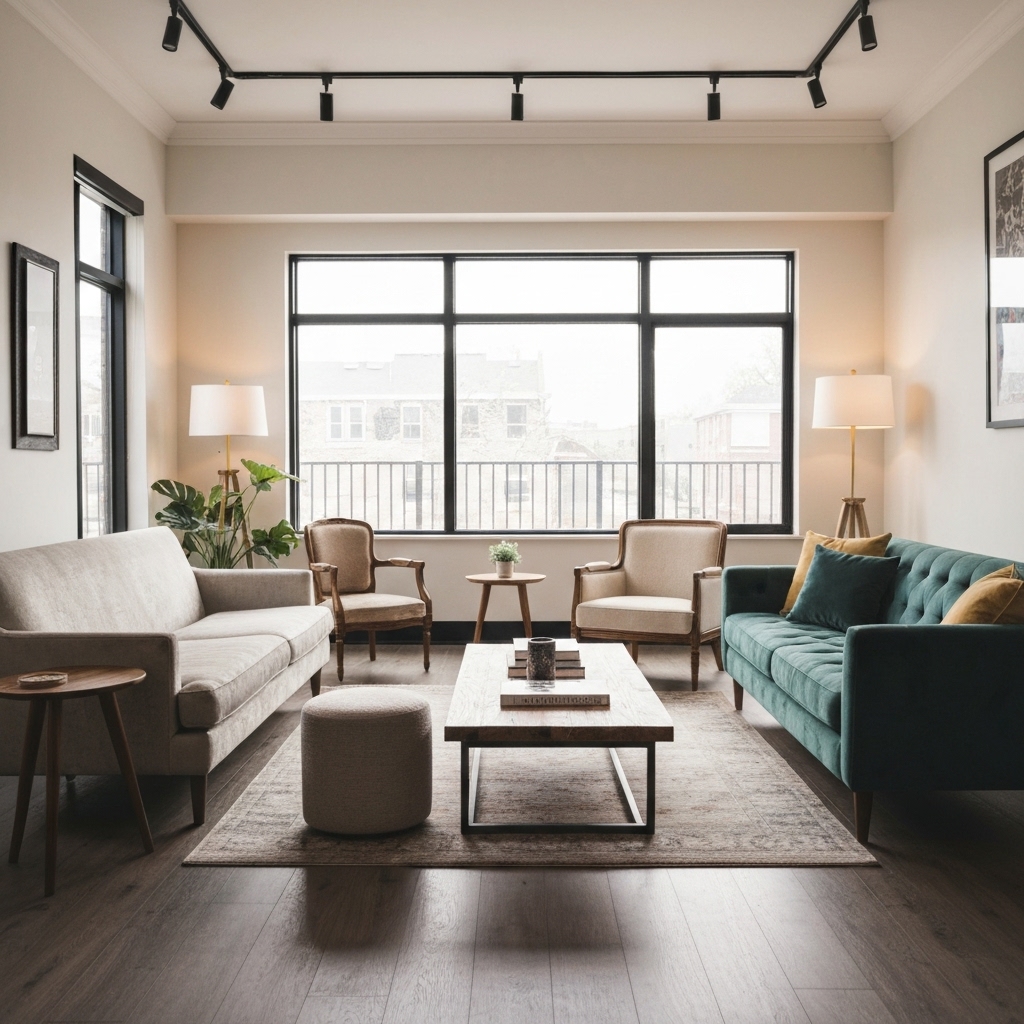 A cozy, stylish living room with mix-matched furniture and bright natural light, looking high-end but achievable on a budget