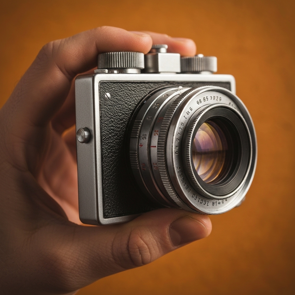 Professional camera lens close-up focusing on a blurred couple in background.
