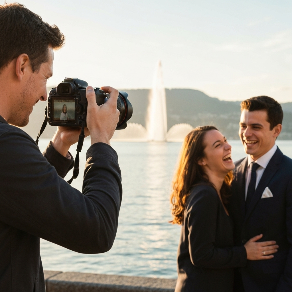 A professional photographer capturing a happy couple laughing near Lake Geneva with the Jet d'Eau in the background during golden hour.